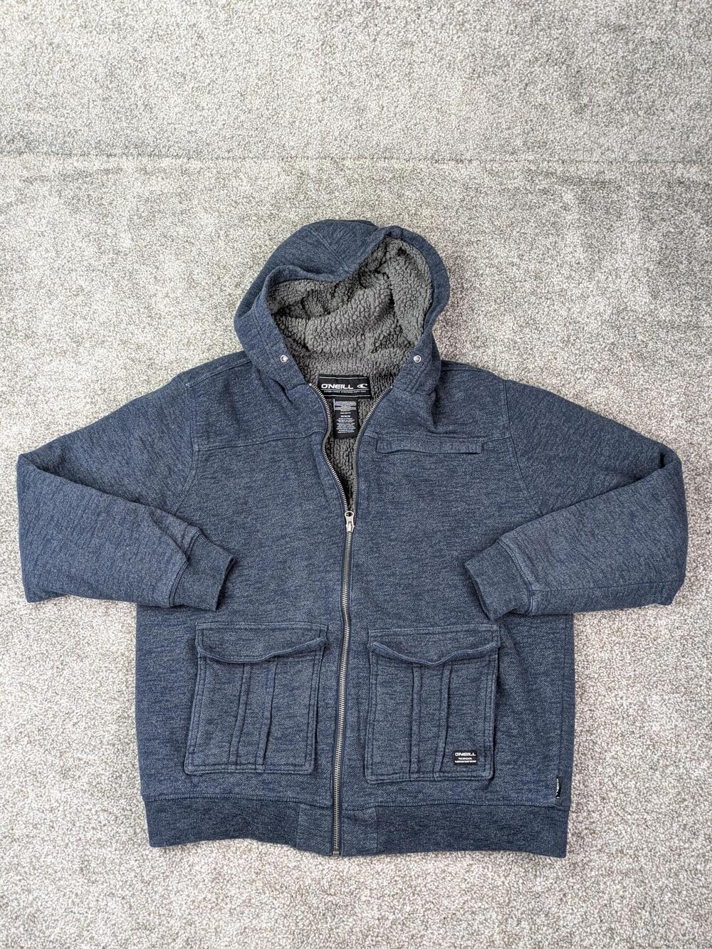 O'Neill Jacket Mens Medium Blue Sherpa Lined Full Zip Hooded Fleece Pockets